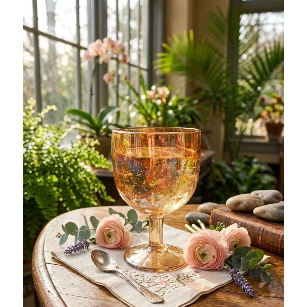 Vintage Amber Carnival Glass Iridescent Starburst Goblet Wine Glass 6in